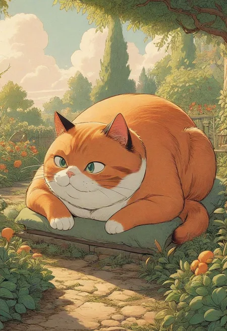 cartoon of cute fat orange cat, lying on back, playful, quirky, 1940's cartoon, vintage cartoon, beautiful, detailed, garden background