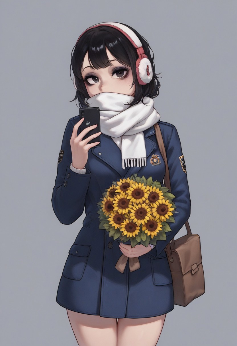 Egirl, score_9, score_8_up, best quality,heavy life like texture and proportion,thick outline illustration,1girl, bag, bag charm, black coat, black eyes, black hair, blue coat, bouquet, brown bag, cellphone, charm \(object\), coat, covered mouth, earmuffs, flower, headphones, holding, holding bouquet, holding phone, looking at viewer, phone, rose, scarf, selfie, smartphone, solo, stuffed toy, sunflower, white scarf, winter clothes, winter coat, yellow flower 
red duotone, makeup, dynamic pose model shooting
hero, contrast