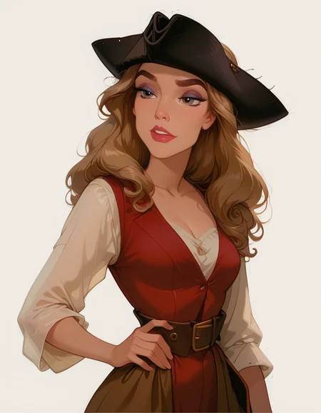 <lora:Disney_Style:.9> <lora:princess_xl_v2:.75> <lora:add-detail-xl:.9> <lora:g0th1cPXL:.3> <lora:Cherry-Gig:.45> <lora:Expressive_H:1> <lora:PLASTT_PonyV6:1> <lora:Elizabeth_Swann_ZairaSass_v1:1> score_9, score_8_up, score_7_up, zPDXL, DisneyRenstyle, score_9,score_8_up,score_7_up,score_6_up,
(white background, plain background, ambient light), (standing, 3/4 view),
1girl, solo, sexy 18 year old, british girl, (Elizabeth Swann, Pirate Disguise), perfect face, beautiful face, defined cheekbones, defined jawline, light brown hair, thick hair, thick dark eyebrows, dark brown eyes, dark lashes, thin lips, nude colored lips,
confident expression, narrow eyes, one hand on hip, perfect hands, 5 fingers, slender waist, tall, slender, sexy,
black tricorne hat, white sleeves, white tunic, red vest, red waistcoat, brown trousers, shoulder strap belt,