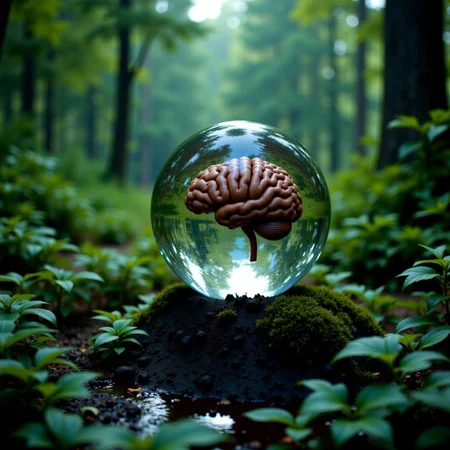 A MACRO CLOSE UP HIGH DEFINITION PHOTO in the style of ck-ncr of an alien wilderness covered in glowing green tentacle vines and black oozing soil is the background for a crystal sphere hovering, carrying a suspended wet living brain . brightphoto, saturatedphoto, highcontrastphoto,