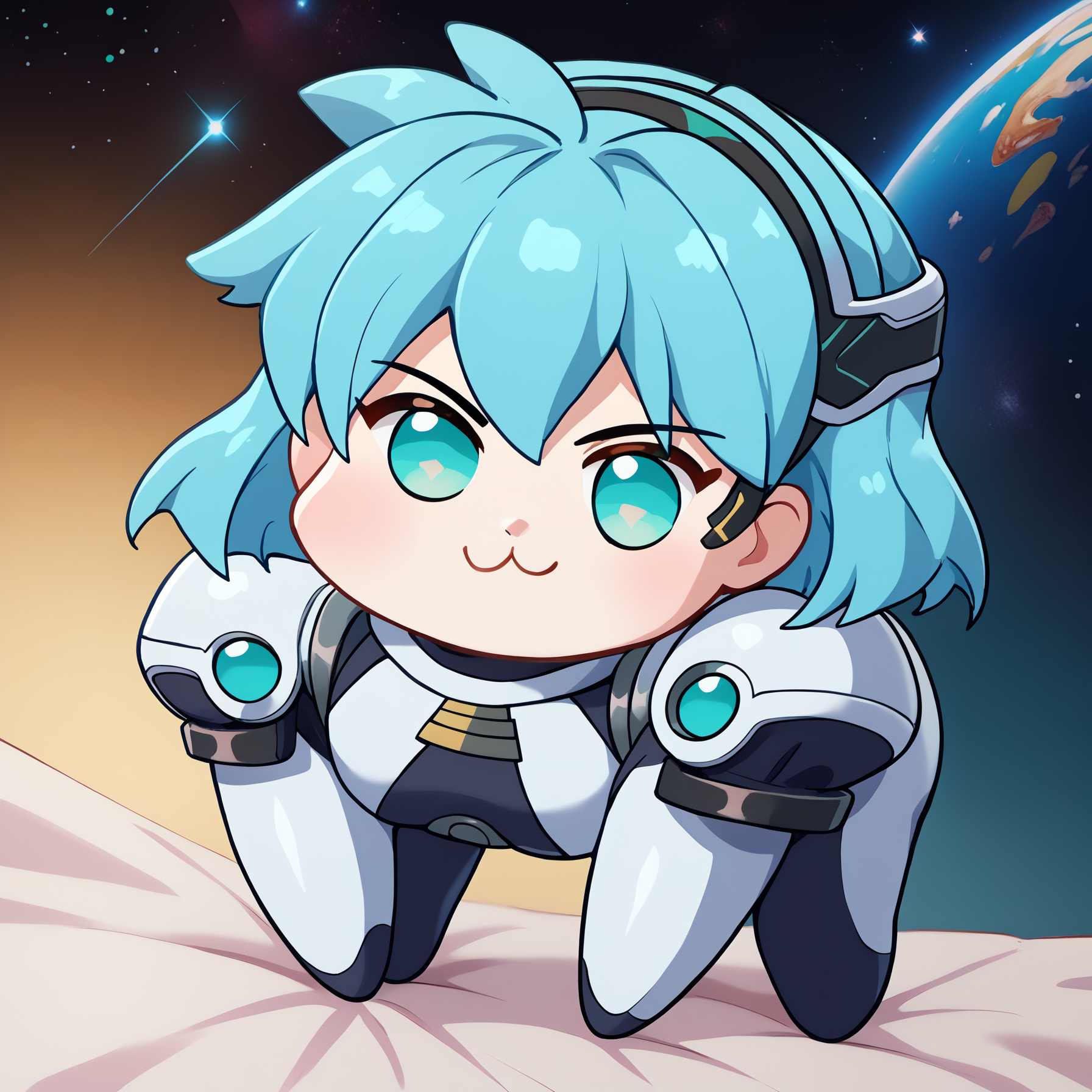 score_9, score_8_up, score_7_up, BREAK 1girl, solo, mgisb, aqua eyes, aqua hair, short hair, <lora:MeiaGisbornPDXL_V1-Manityro-CAME:1.0>,
eyepiece, headband, two-tone bodysuit, shoulder armor, 
<lora:Doro_X_PDXL_V1:1.0>, doro, creature, :3, chibi, no humans, four legs, solid circle eyes, no pupils, all fours, smug,
space, stars, floating, science fiction,