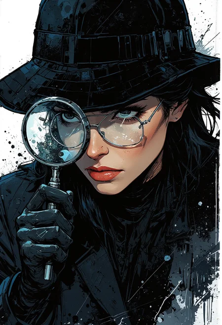 (comic book style) , A pen and ink style expressionism painting. Portrait of a female detective scowling into a magnifying glass. The glass is crystal clear, showing a water portal through the glass. The detective is wearing a black suit that emanates her shadowy figure. 