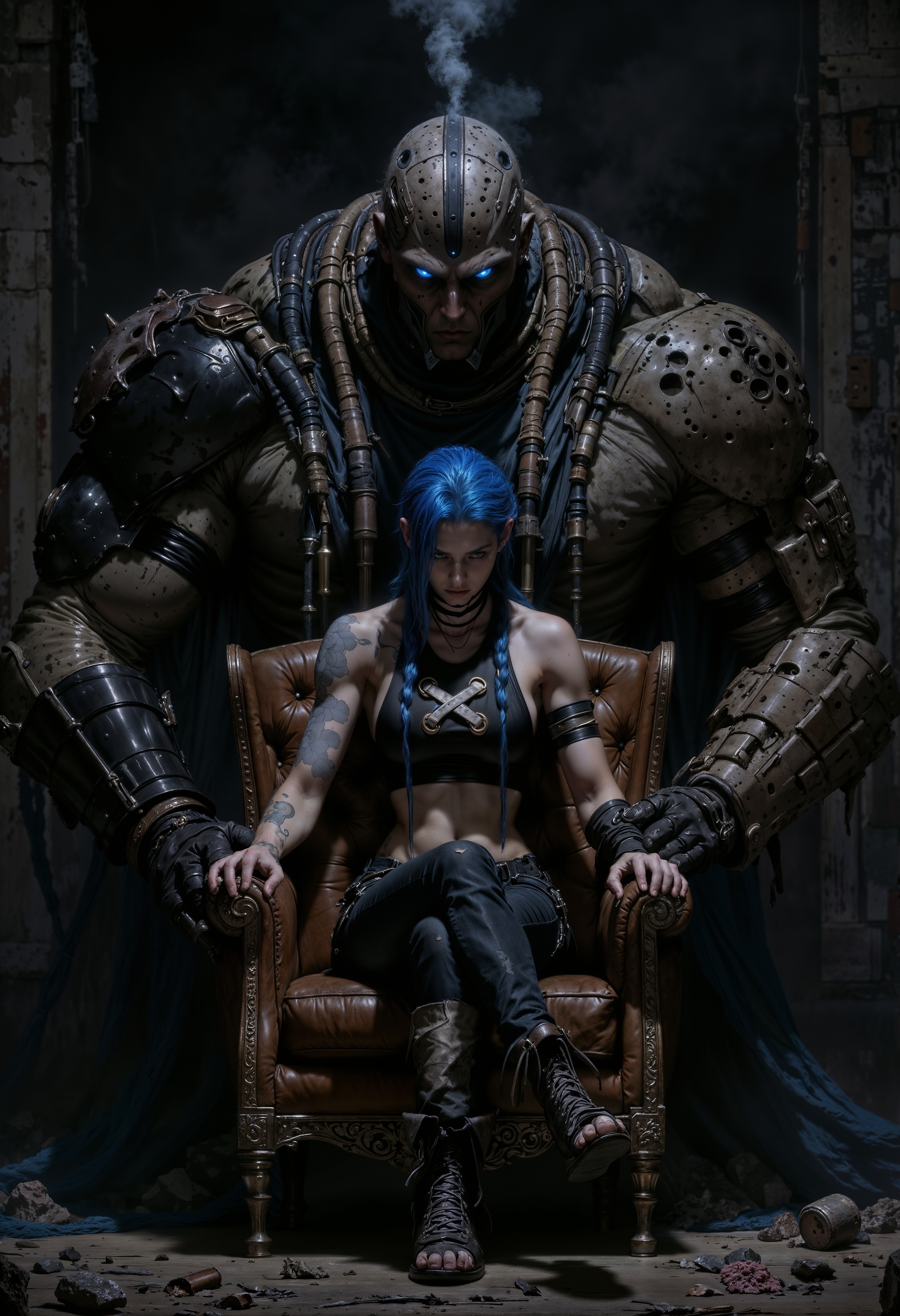 JinxA, Highly detailed and dramatic digital artwork featuring a dramatic and moody atmosphere. The layout centers on two characters in a dimly lit room. In the foreground, a woman with pale skin and long braided blue hair sits on a worn leather armchair. She wears a crop top, and ripped jeans, exuding a rebellious and confident demeanor. Her expression is serious, and she has a tattoo on her arm. Behind her stands a large, imposing cyborg with a metallic face and glowing blue eyes. The cyborg's body is heavily armored with various mechanical components and tubes, and it emits smoke from its head. The background is filled with a mix of industrial elements and scattered laboratory equipment, enhancing the futuristic and gritty setting. The overall composition conveys a sense of tension and intrigue, characteristic of the cyberpunk genre.
<lora:FluxMythP0rtr4itStyle:0.6> <lora:flux.1_lora_flyway_Epic-Characters_v1:0.6> <lora:Elden_Ring_-_Yoshitaka_Amano:0.33> <lora:FluxJinxV2:0.9>
