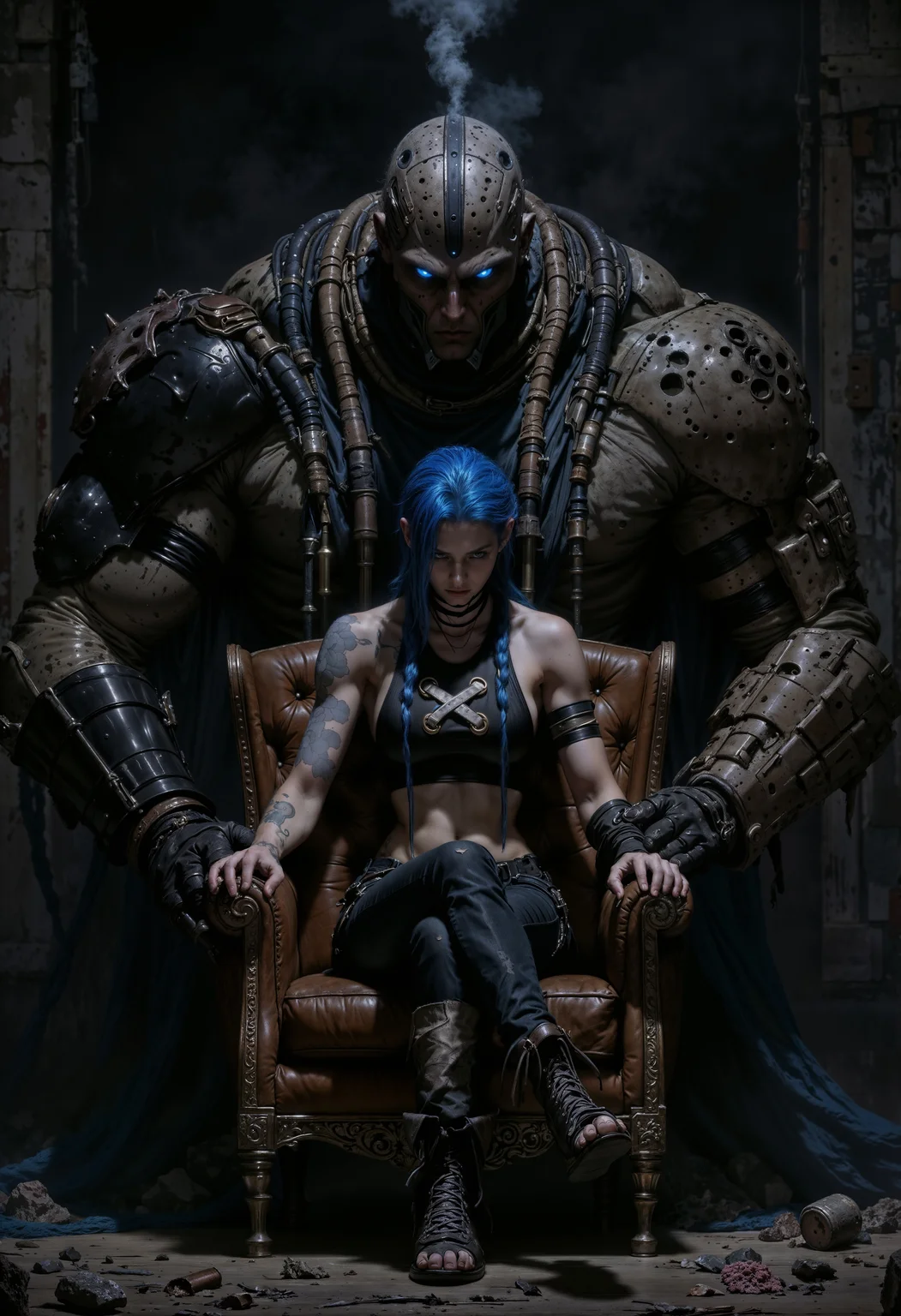 JinxA, Highly detailed and dramatic digital artwork featuring a dramatic and moody atmosphere. The layout centers on two characters in a dimly lit room. In the foreground, a woman with pale skin and long braided blue hair sits on a worn leather armchair. She wears a crop top, and ripped jeans, exuding a rebellious and confident demeanor. Her expression is serious, and she has a tattoo on her arm. Behind her stands a large, imposing cyborg with a metallic face and glowing blue eyes. The cyborg's body is heavily armored with various mechanical components and tubes, and it emits smoke from its head. The background is filled with a mix of industrial elements and scattered laboratory equipment, enhancing the futuristic and gritty setting. The overall composition conveys a sense of tension and intrigue, characteristic of the cyberpunk genre.
<lora:FluxMythP0rtr4itStyle:0.6> <lora:flux.1_lora_flyway_Epic-Characters_v1:0.6> <lora:Elden_Ring_-_Yoshitaka_Amano:0.33> <lora:FluxJinxV2:0.9>