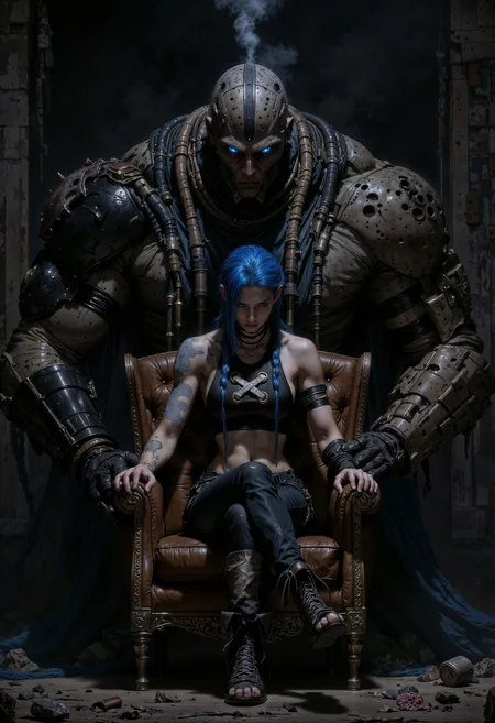 JinxA, Highly detailed and dramatic digital artwork featuring a dramatic and moody atmosphere. The layout centers on two characters in a dimly lit room. In the foreground, a woman with pale skin and long braided blue hair sits on a worn leather armchair. She wears a crop top, and ripped jeans, exuding a rebellious and confident demeanor. Her expression is serious, and she has a tattoo on her arm. Behind her stands a large, imposing cyborg with a metallic face and glowing blue eyes. The cyborg's body is heavily armored with various mechanical components and tubes, and it emits smoke from its head. The background is filled with a mix of industrial elements and scattered laboratory equipment, enhancing the futuristic and gritty setting. The overall composition conveys a sense of tension and intrigue, characteristic of the cyberpunk genre.
<lora:FluxMythP0rtr4itStyle:0.6> <lora:flux.1_lora_flyway_Epic-Characters_v1:0.6> <lora:Elden_Ring_-_Yoshitaka_Amano:0.33> <lora:FluxJinxV2:0.9>