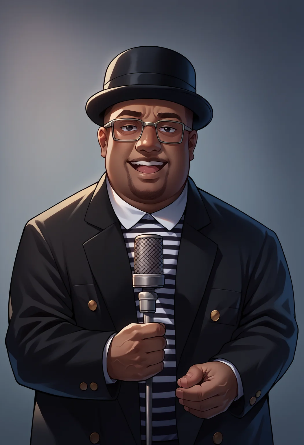 score_9, score_8_up, score_7_up, source_anime, 1boy, IncrsNeverGonnaGiveUUp, smile, looking at viewer, microphone stand, upper body, black jacket, striped shirt, open mouth, suit, open jacket, <lora:NeverGonnaGiveYouUp_XLPD:1>, <lora:BigSmoke_XLPD:1>, BigSmoke, black eyes, dark-skinned male, facial hair, glasses, black headwear, fat, fat man,