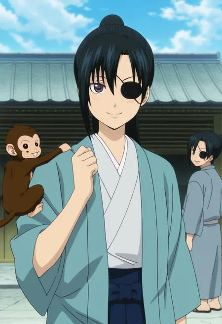 masterpiece, best quality, absurdres, detailed skin, detailed eyes, detailed face, anime colored, anime screencap, anime colored,
<lora:yagyu_kyuubei:1>, 1 girl, kyubei, smile, japanese clothes,
cowboy shot, 1 monkey,
outdoors,