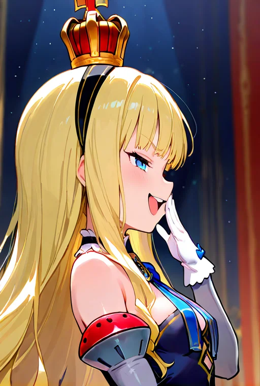 masterpiece, High quality, Ultra detailed, 2d, newest, absurdres, highres, BREAK
1girl, solo, <lora:QNELI_v2_LISETTElora:0.8>, qneli, long hair, blonde hair, mini crown, black hairband, blue eyes,
small breasts, qnelidef, blue bow, short dress, dress, bare shoulders, detached sleeves, white gloves,
upper body, ojou-sama pose, laughing, smug, hand to own mouth, open mouth, from side,