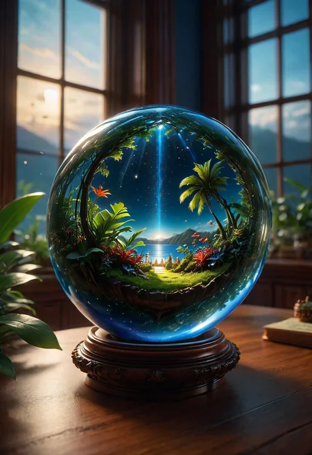 In the night room there is a glass sphere on the table, emitting a soft heavenly glow. Inside, the miniature galaxy is seething with cosmic energy and the galaxy within. Outside, the window of the room offers a tropical panorama. 8k, vray, IMax, hyperrealism, perfect light, bokeh Carl Zeiss 85mm, small depth of field, photorealistic, masterpiece, high resolution, best quality, cinematic shot, ultra-detailed, super realistic, Hyperrealistic art, high-quality, ultra high res, highest detailed, lot of details, Extremely high-resolution details, photographic, realism pushed to extreme, incredibly lifelike,