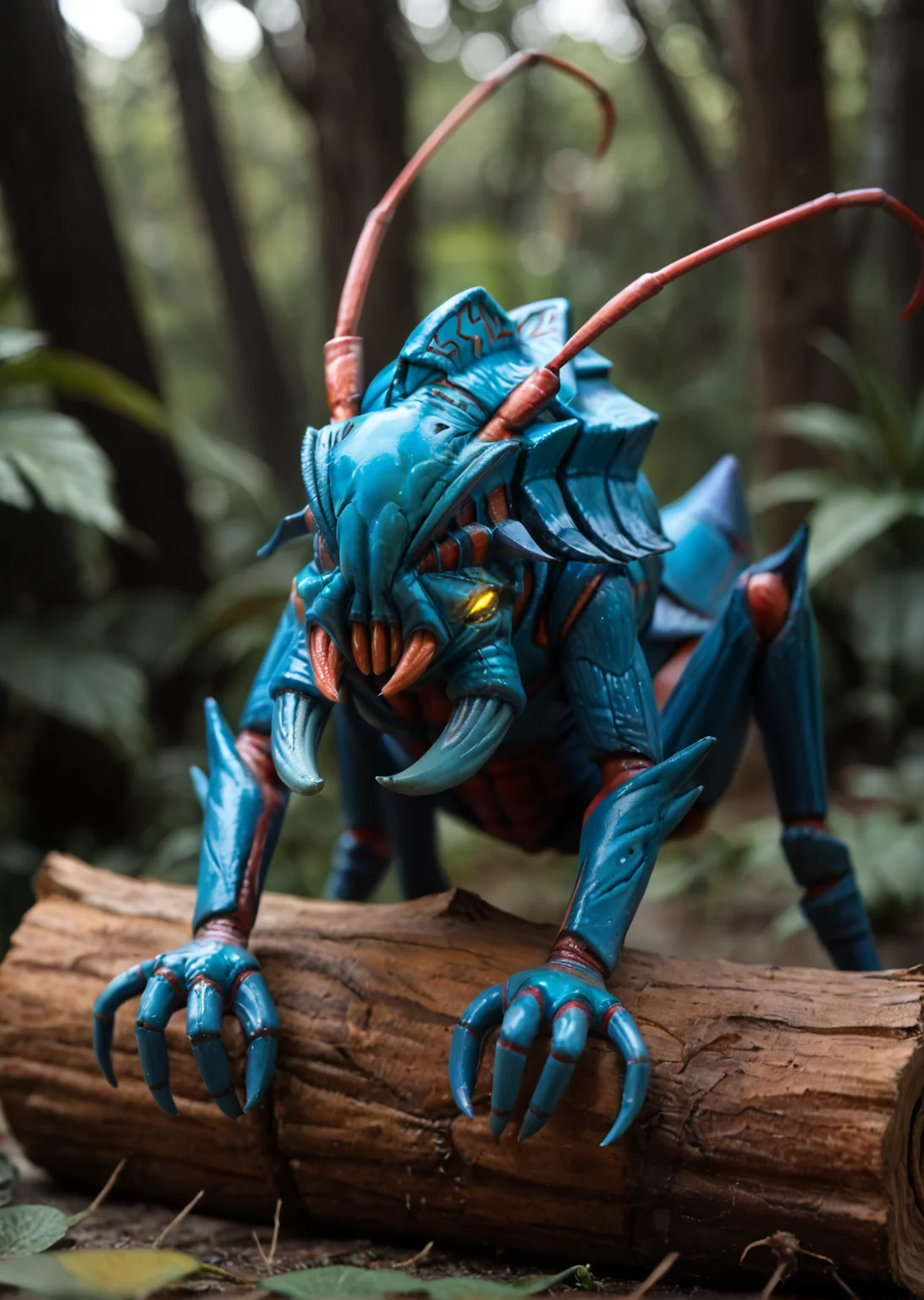<lora:weaver_v3:0.8>weaver_v3,
no humans, pokemon (creature), monster, insect,
yellow eyes, glowing eyes, colored sclera,
claws,
teeth, sharp teeth, fangs,
horns, spikes, antennae, two antennas in the head,
blue skin, colored skin, shiny skin
arthropod limbs, extra arms, multiple legs,
hyper detail, hq, 8k, score_9, score_8_up, score_7_up, score_6_up, derpibooru_p_95,
detailed eyes, beautiful, detailed background, perfect eyes,
solo,
sky, cyberpunk spaceship, plant jungle, hiding, scared, escapes from danger, looking away, bent over log, at all four, look over shoulder
blur censor, blurry, blurry background, blurry foreground, bokeh, motion blur,
chromatic aberration, depth of field, figure, focused, focus
photography, realistic sun light and shadows, photorealism, UHD --ar 9:16 --style raw --stylize 700,