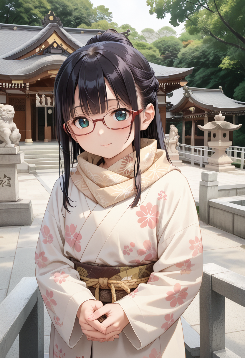 score_9, score_8_up, score_7_up, rating_safe, masterpiece, best quality, absurdres, unity 8k wallpaper, official art, official style, source_anime, uncensored, game cg, megami magazine,
1girl, solo, glasses, black hair, long hair, print kimono, scarf, half updo, solo focus, face focus, own own hands together, 
komainu, jinzya, statue, shrine, outdoors, tree, day, shimenawa, stairs, shide, scenery, fence, stone lantern, real world location, architecture, railing, stone stairs, box
 <lora:jinja_pony_V1:1>