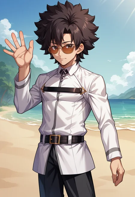 score_9, score_8_up, source_anime, 1boy, solo, black hair, afro, sunglasses, ChaldeaUniformMaleUniform, chaldea uniform, belt, black pants, outdoors, beach, waving at viewer, <lora:ChamChaldeaUniformPonyXL:1>