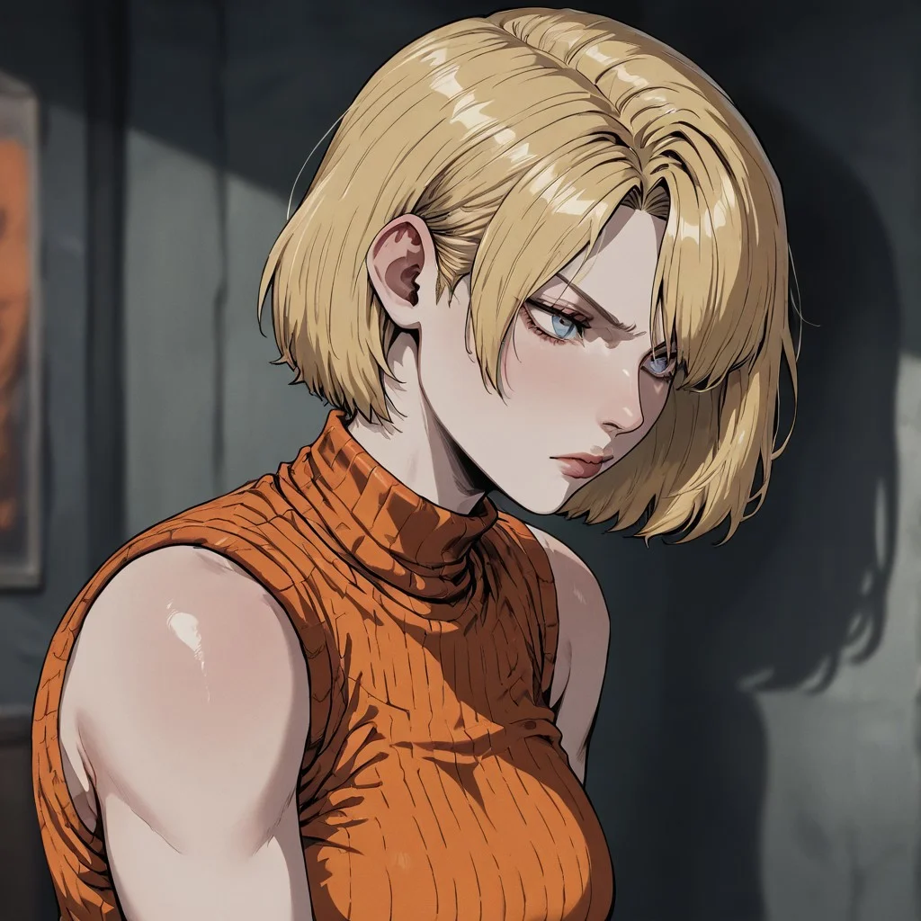 masterpiece, best quality, newest, absurdres, highres, INCV1.0
1girl, ashley graham (resident evil), blonde, orange shirt, blonde hair, orange sweater, 
sleeveless, sleeveless sweater, sleeveless tutrleneck, turtleneck, short hair, curtained hair,