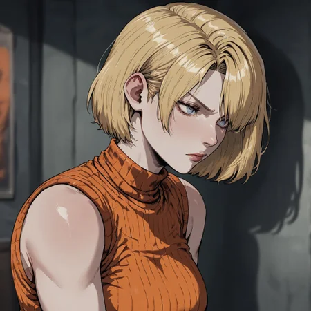 masterpiece, best quality, newest, absurdres, highres, INCV1.0
1girl, ashley graham (resident evil), blonde, orange shirt, blonde hair, orange sweater, 
sleeveless, sleeveless sweater, sleeveless tutrleneck, turtleneck, short hair, curtained hair,