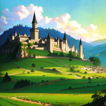 dalcefo, (a medieval castle landscape), green fields, modelshoot style, intricate details, masterpiece, cinematic lighting, dramatic, trending on artstation, highly detailed, ultra resolution, painting art by greg rutkowski and ruan jia, ilya kuvshinov fantasy ambiance <lora:dalcefopainting_Lora300:0.7>