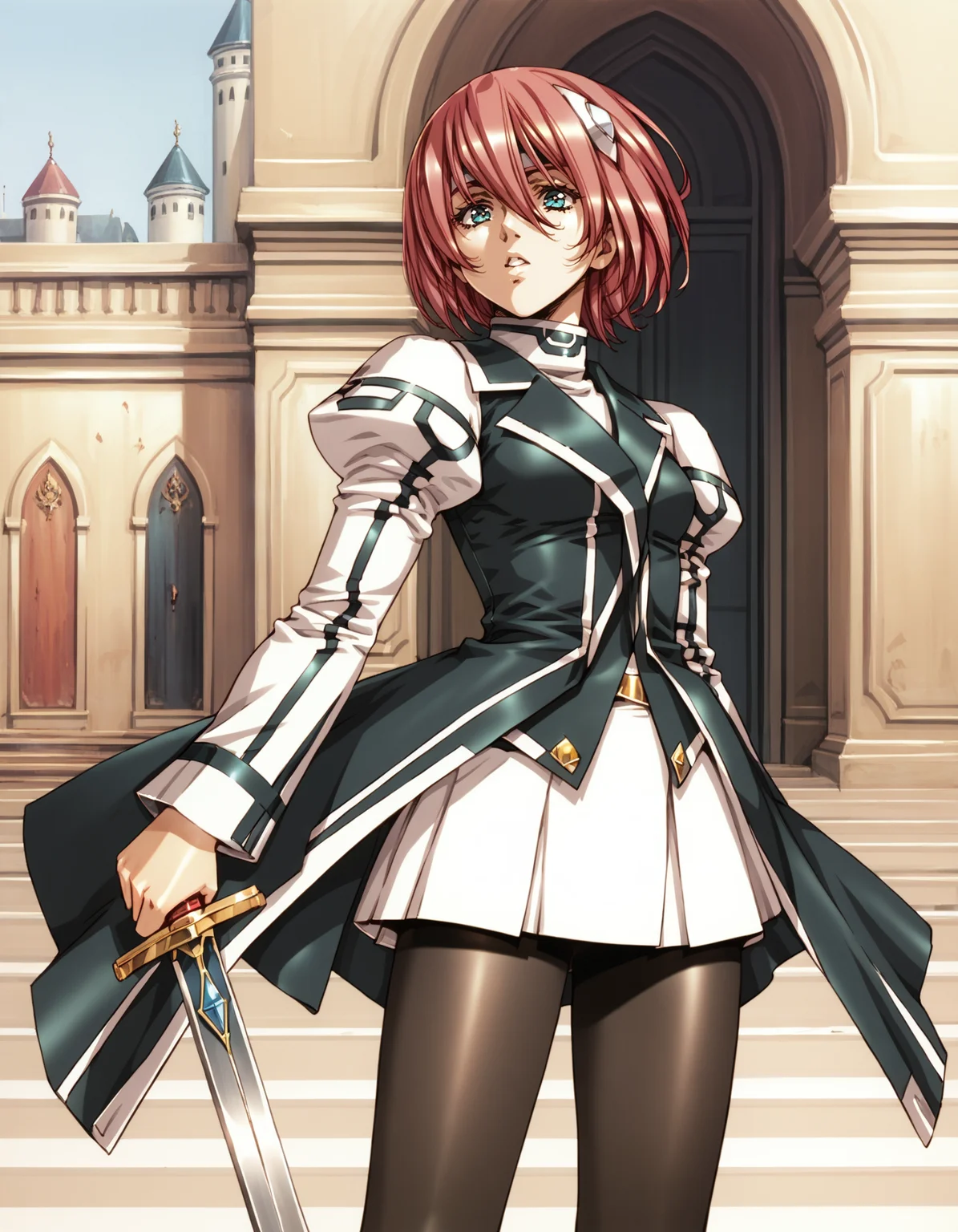 score_9, score_8_up, score_7_up
<lora:elessa-ponyxl-000130:1> elessa, elessa, juliet sleeves, coat, microskirt, white skirt, pantyhose,
1girl, solo, sword, parted lips, stance, castle, outdoors