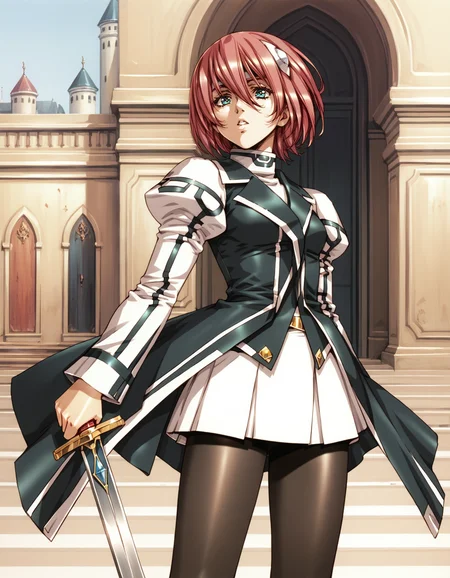 score_9, score_8_up, score_7_up
<lora:elessa-ponyxl-000130:1> elessa, elessa, juliet sleeves, coat, microskirt, white skirt, pantyhose,
1girl, solo, sword, parted lips, stance, castle, outdoors