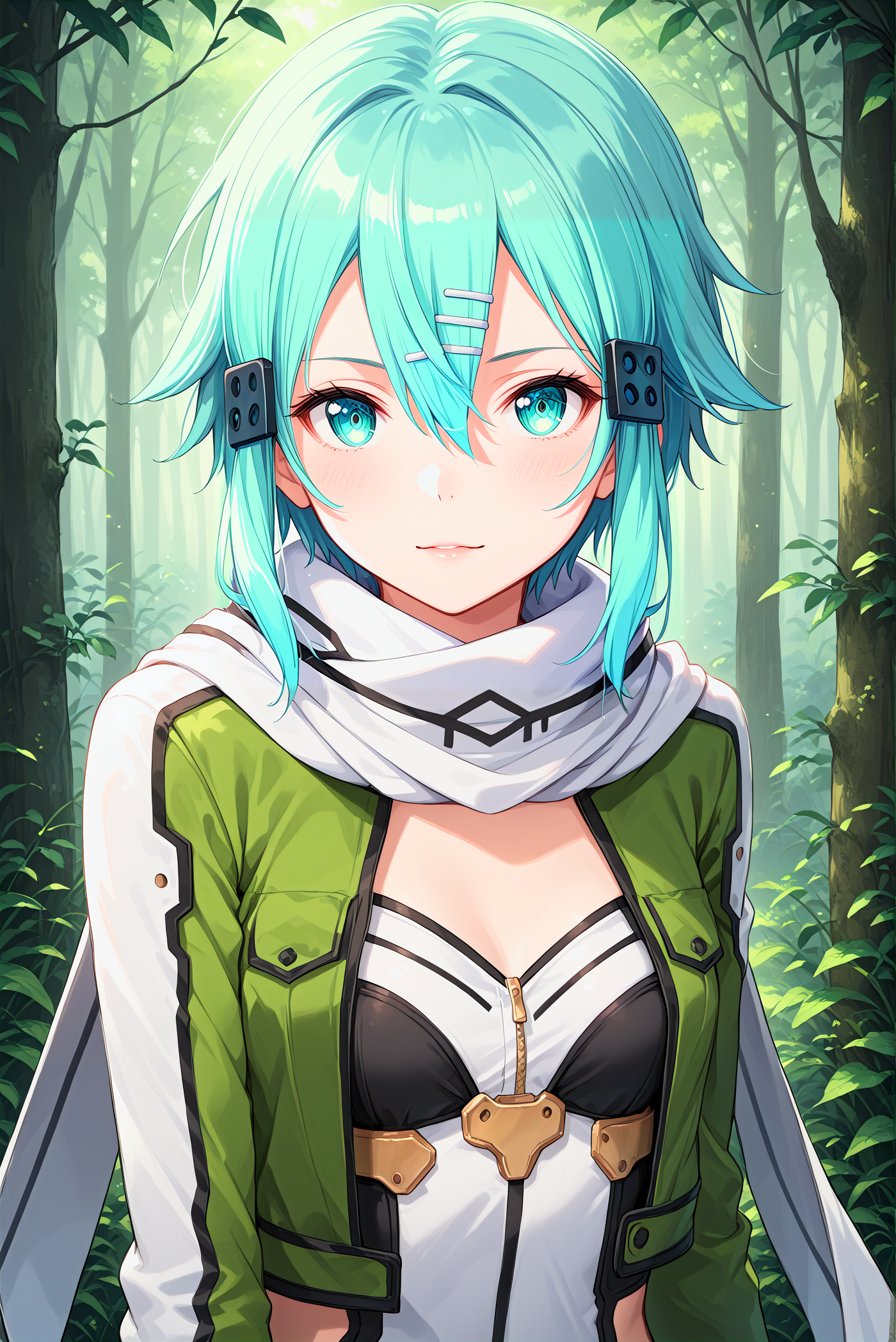 score_9, score_8_up, score_7_up, score_6_up,
<lora:Sinon_Sao:1> 51n0n, 1girl, solo, hair between eyes, hair ornament, hairclip, bangs, aqua eyes, aqua hair, short hair, 
fingerless gloves, black shorts, scarf, short shorts, green jacket, long sleeves, 
medium breasts, seductive smile, parted lips, eyelashes,
forest background,
