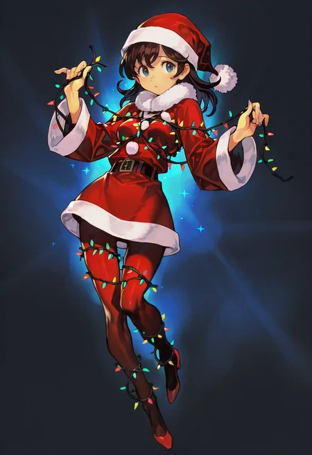 christmas light shibari,solo, 1girl,santa costume,santa hat,full body, hungry_clicker