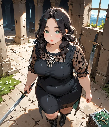 PonyScores7, source_anime, ah1, <lora:natsumi_style:0.5>, <lora:by_usakun-pony:0.4> by usakun, <lora:Akina_Bbw_Style_-_PonyXL:0.2> AkinBw
BREAK 1girl, (curly hair), long hair, (black hair:1.3), mature female, (parted hair:1.7), (round face:1.2), (thick eyebrows:1.2), (curvy), round-chin, (greenish hazel eyes:1.4), caucasian, (downturned eyes:1.2), (plump face), messy hair, <lora:Round_face:0.1>, <lora:ETO_OCPonyXL:0.5> eto_oc, skindentation, (plump), thick thighs, wide hips, busty, voluptuous, kinky curls, lips, <lora:venus body PonyXL:0.4>,  (Excited, Very enthusiastic and eager), (a romantic kiss on a snowy mountaintop), (ancient abandoned castle ruins, Forgotten Armory, A forgotten armory filled with rusted swords and shields hanging on the walls, Dust covers the floor, and cobwebs drape over the weapons, creating a sense of lost valor. The atmosphere is thick with history, as if the echoes of battles fought still linger in the air), looking at viewer, (Blue and Green gothic black dress with lace sleeves, patterned stockings, lace-up boots)
BREAK <lora:xl_more_art-full_v1:0.2>, <lora:shinyskin2:0.2> glistening skin, <lora:aesthetic_anime_v1s:0.2>, <lora:Expressive_H:0.2> Expressiveh, <lora:hairdetailpxl:0.2> hairdetailpxl, <lora:EpicF4nta5yXL:0.2>, <lora:detailxl:0.2> detailxl, <lora:Fant5yP0ny:0.2>, best quality, amazing quality, best aesthetic, absurdres, <lora:expressive eyes:0.2> expressive eyes, <lora:eyedetailpxl:0.2> eyedetailpxl, illustration, Volumetric_Lighting, ultra-detailed, very aesthetic, intricate details, 8k, masterpiece, best_quality 
BREAK (Overhead Shot) 
BREAK <lora:Eyes_High_Definition:0.3> EyesHD, Stable_Yogis_PDXL_Positives, AS-Adult, <lora:Complicated fantasy portrait - XL Pony V2.0:0.4>, bad-hands-5, <lora:HDA_Detailer:0.2>, HDA_FatGirlXL,