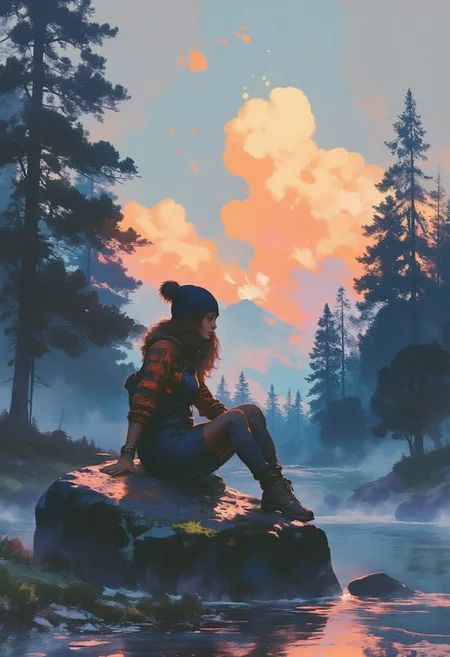 A woman sitting on a rock on the edge of a forest river, wearing overalls and a flannel shirt, voluminous brown hair. She is wearing a floppy beanie. She is intently watching the water. She looks like she is very relaxed and day dreaming. Trees beautifully lit and epic clouds in amazing colors as the sun sets on the horizon. 
in the style of Jed-clrfl, xijie-blue