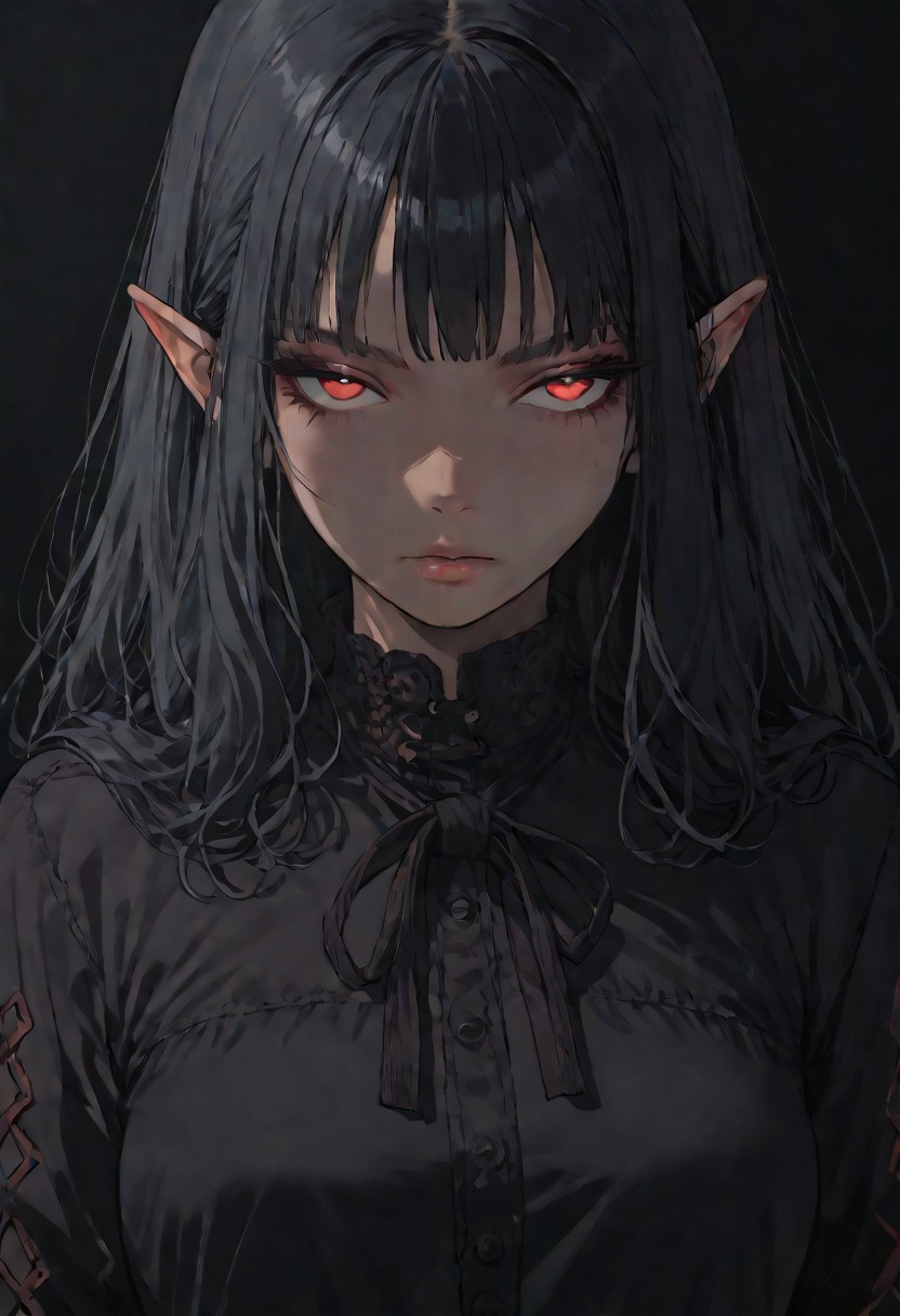 (score_9, score_8_up, score_7_up), source_anime, anime, female, elf, (dark blue skin), black hair, burgundy eye color, black eye sclera, layered clothing, waist-high, black background, woman