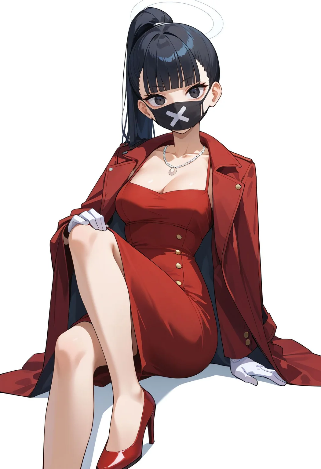 score_9,score_8_up,score_7_up, <lora:sukeban_smg_blue_archive_pdxl_goofy:1>sukebanBa,1girl, alternate costume, black eyes, black hair, black mask, blunt bangs, breasts, cleavage, coat, coat on shoulders, collarbone, dress, gloves, halo, high heels, invisible chair, jewelry, looking at viewer, mask, medium breasts, mouth mask, necklace, ponytail, red coat, red dress, red footwear, simple background, sitting, solo, white background, white gloves, x