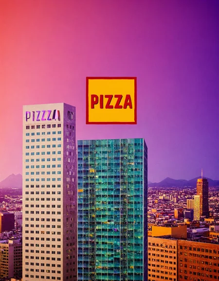 <lora:RokuSignHD:1>,rokusignhd,scenery,building,city,outdoors,cityscape,skyscraper,city lights,, a square shaped object with a word that reads pizza on it in a colorful background with a grid pattern [2]