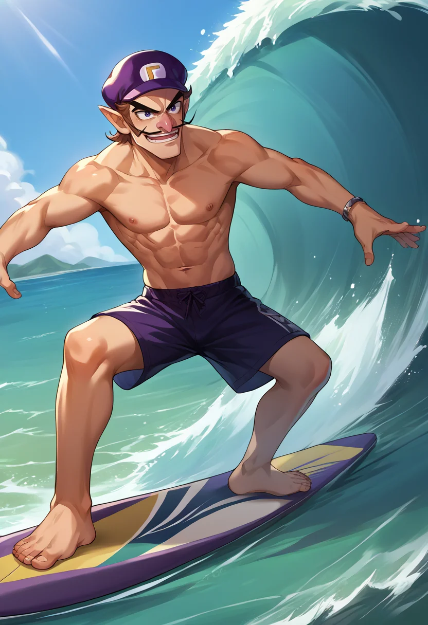 score_9, score_8_up, source_anime, 1girl, solo, 1boy, Waluigi, mustache, teeth, pointy ears, brown hair, hat, purple headwear, incrssurfing, surfing, swimsuit, barefoot, surfboard, smile, <lora:ChamWaluigiPonyXL:1>, <lora:Surfing_XLPD:1>