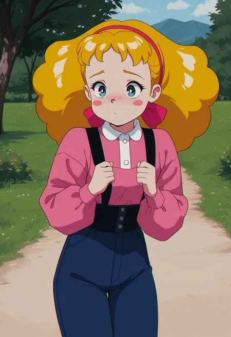score_9, masterpiece, perfect quality, 1girl, mary-lennox, blonde hair, hairband, blue eyes, blush stickers, outfit2, outdoors, retro artstyle