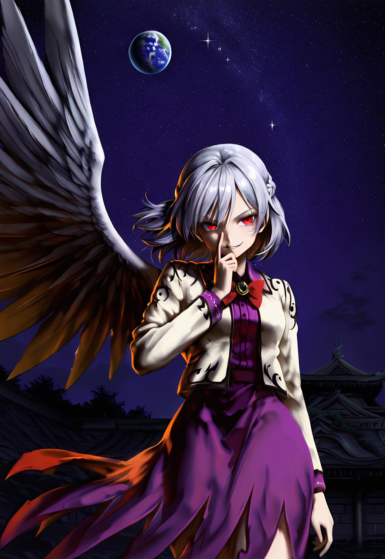 safe_pos, highres, absurdres, masterpiece, best quality, source_anime, kishin sagume, 1girl, solo, red eyes, grey hair, short hair, french braid, single wing, red bowtie, white jacket, long sleeves, purple dress, evil smile, dynamic pose, earth, starry sky, star, eastern architecture, night background