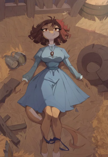 safe_pos, BeansPXL, jewelry, long sleeves, juliet sleeves, necklace, puffy sleeves, dress, blue dress, brown eyes, brown hair, short hair, drill hair, reptile girl, large breasts, narrow waist, wide hips, anthro lizard, scales, furry, female furry, sleeping on hay bail, on back, tail curled around ankles, holding a big egg, snoring, porch light, early evening, 
flat color, fca style, toon \(style\), 2d,score_9, score_8_up, score_7_up, score_6_up, farm house, fence,