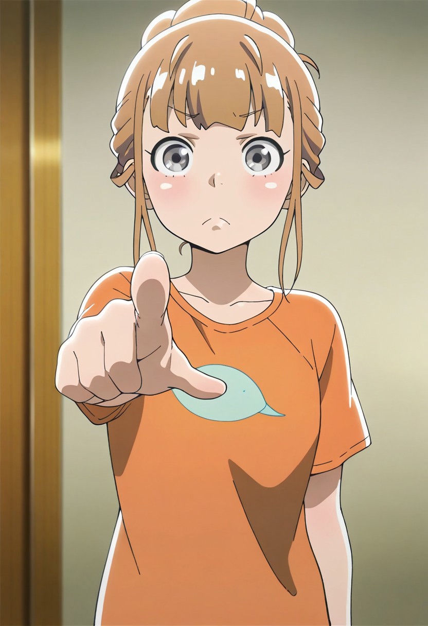 masterpiece,best quality,amazing quality, miyake hinata, brown hair, grey eyes, 1girl, solo, pointing, pointing at viewer, t-shirt, shirt, frown, looking at viewer