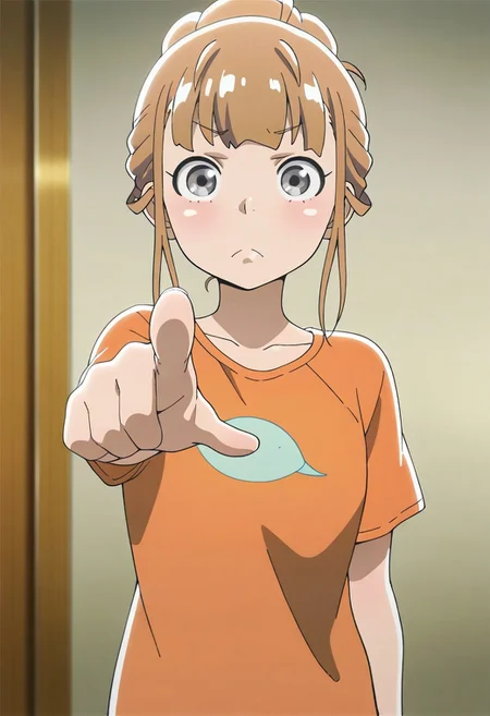 masterpiece,best quality,amazing quality, miyake hinata, brown hair, grey eyes, 1girl, solo, pointing, pointing at viewer, t-shirt, shirt, frown, looking at viewer