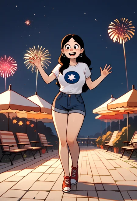 score_9, score_8_up, score_7_up, score_6_up, score_5_up, 1girl, solo, full body,
(source_cartoon),
<lora:Anya Borzakovskaya (Anya's Ghost):0.9>
Anya_B, pale skin, white skin, freckles, blush stickers, black hair, long hair, dark eyes,
earrings, (eyes open), excited,
fireworks, patriotic, (American colors, red, white, blue),
large breast, waving hand, holding flag, clothes,
outdoors, night time, night sky,
<lora:Expressive_H:0.7> Expressiveh,
<lora:add-detail-xl:0.9>
<lora:light:1.0> neolight,