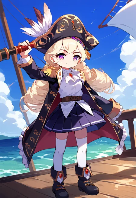 score_9,score_8_up,score_7_up,source_anime,zPDXL3,ship deck,sailing ship,wooden deck,ocean,sky,clouds,
*//*,<lora:Captain_Pony:1>,captain_new,1girl,solo,long hair,twintails,twin drills,blonde hair,bangs,purple eyes,white shirt,pirate hat,hat feather,black skirt,boots,white thighhighs,black coat,epaulettes,long sleeves,light smile,telescope,
*//*,looking at viewer,cowboy shot,dutch angle,dynamic pose,
