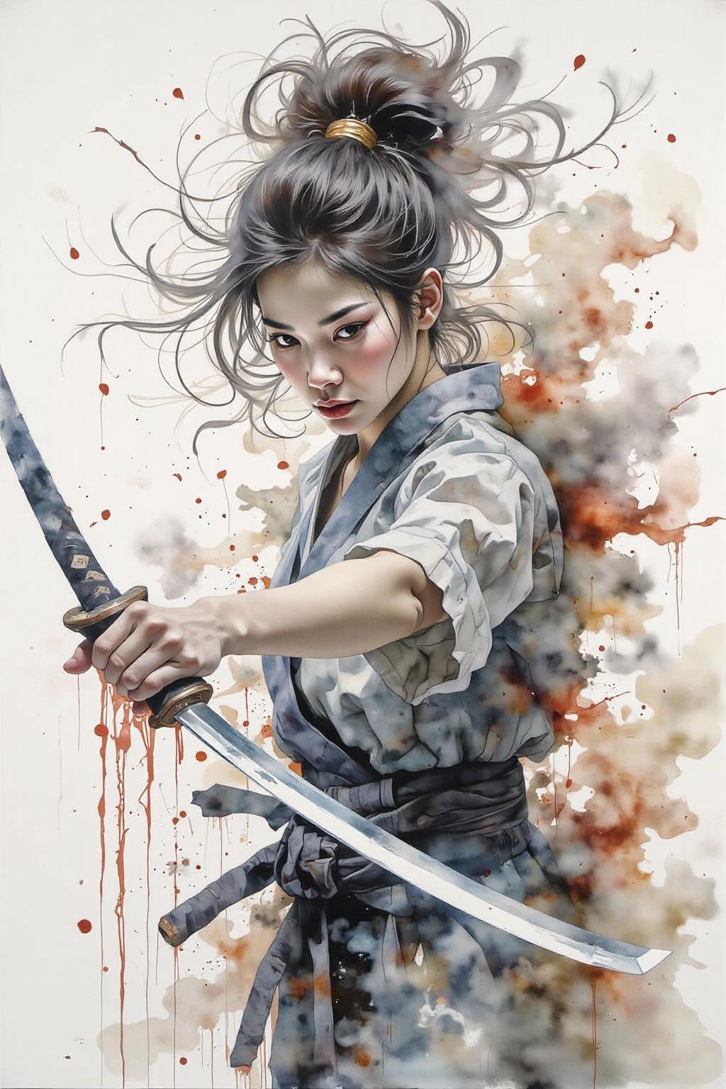 yawc1 watercolor. a dipiction of a female Japanese samurai warrior wielding a katana, blending form with reality. Glitching the surreal with blurred dreams on a white background. Woven light fuses delicatly with whispering shimmers creating a eyecatching and masterpiece artwork. drifting fog, cracked light and smokey haze in floating threads finishes the dreamlike reality.  <lora:yawcolor_nocap1_d4a2:1.0> <lora:Flux-Sch-SingleBlocks-BF16:1.0><lora:799516580569519566:0>