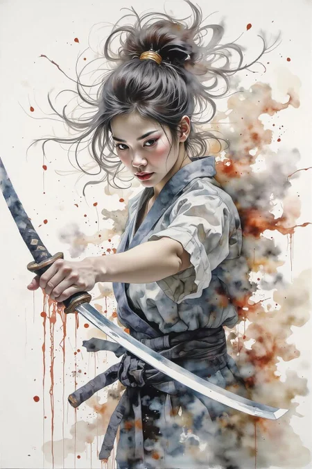 yawc1 watercolor. a dipiction of a female Japanese samurai warrior wielding a katana, blending form with reality. Glitching the surreal with blurred dreams on a white background. Woven light fuses delicatly with whispering shimmers creating a eyecatching and masterpiece artwork. drifting fog, cracked light and smokey haze in floating threads finishes the dreamlike reality. <lora:yawcolor_nocap1_d4a2:1.0> <lora:Flux-Sch-SingleBlocks-BF16:1.0><lora:799516580569519566:0>