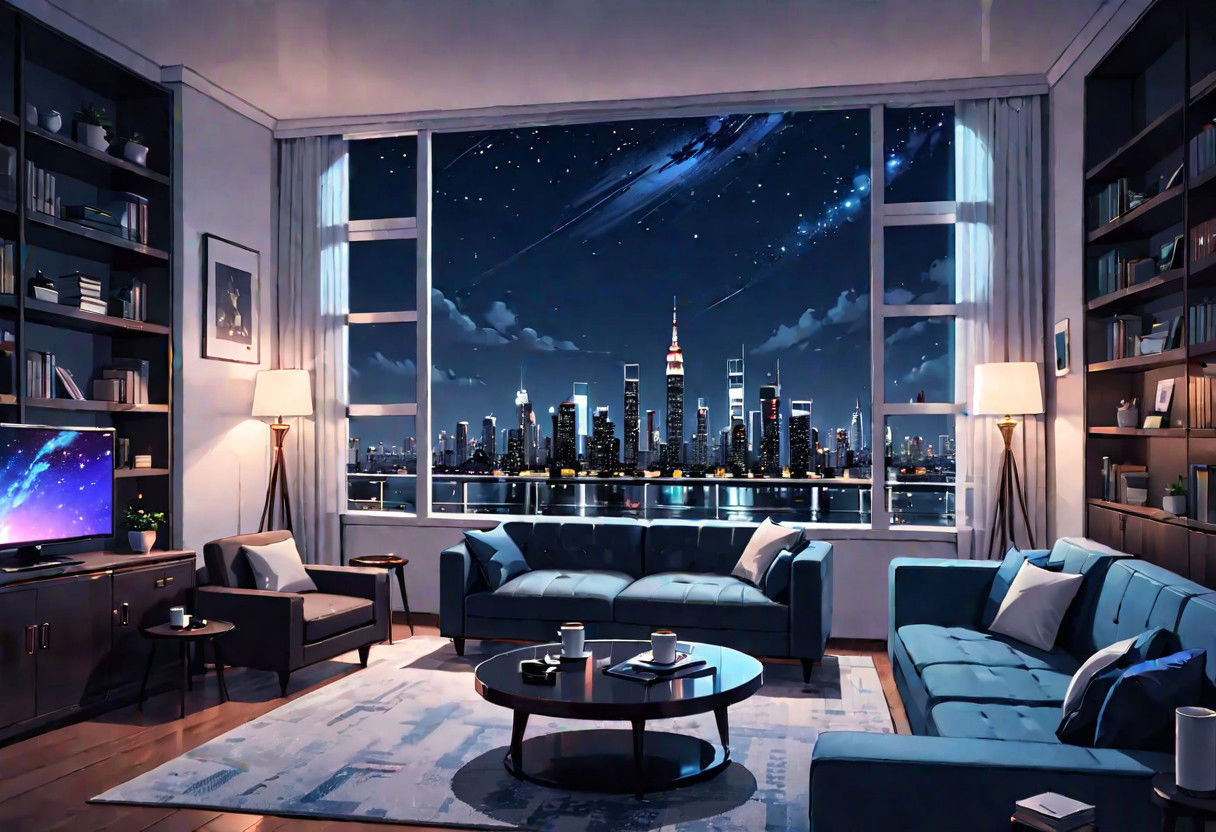 ((front view)), Shallow scene, (((animation style))), (night), modern-style interior, with white walls, (large windows), a  study, Sofa, coffee table, bookcase, single wall, ((dark room)), quiet and mysterious night sky,  city night view, (City high-rise building scenery), (City scenery outside the window), starry sky, moonlight,
