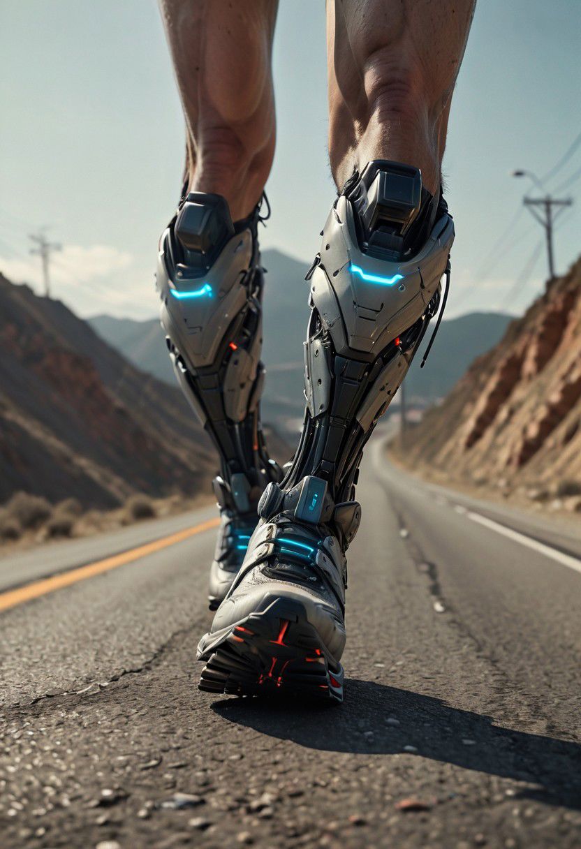 Super Closeup, a detailed running Cyborg Leg in samba retro Sneaker, in Motion, Explore the stark contrast between the ominous, sunset landscape, dystopian backdrop and the vibrant shoes in descent. Running to Edge of Cliff, Dive into the emotions, obstacles, and enigmatic ambiance conveyed by this distinctive scenario. very detailed, raw photo, photorealistic, high detailed texture, 8k uhd, dslr, soft lighting, high quality, film grain, Fujifilm XT3, highly detailed photography, atmospheric haze, Film grain, cinematic film still, shallow depth of field, highly detailed, high budget, cinemascope, moody, epic, OverallDetail, 2000s vintage RAW photo, photorealistic, candid camera, color graded cinematic, eye catchlights, atmospheric lighting, imperfections, natural, shallow dof