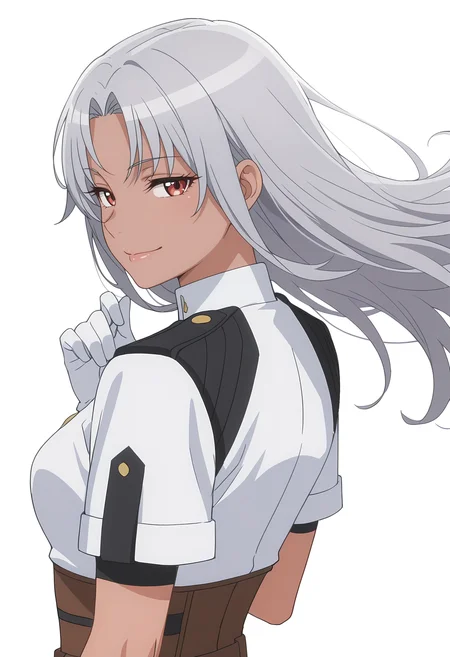 Smooth Quality,masterpiece, ultra realistic,
simple background, white background, 
from behind,seductive smile,wind, 
 <lora:AquaErisCnn:0.8>Aqua/Cnn, Sist/Cnn, long hair, 1girl, red eyes, dark-skinned female, uniform, grey hair, gloves,