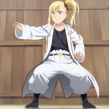 sharp focus, masterpiece, source_anime, (anime_screencap:1.2), absurd res, best quality, BREAK
<lora:Anzu_hinamatsuri_IL_v0.8:1>, anzu_il, 1girl, solo, blonde_hair, right_side_bang, hair_between_eyes, side_ponytail, yellow_eyes, hair_ribbon, white_jacket, long_jacket, black_shirt, belt, white_pants, jika-tabi, full body, standing