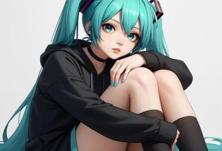 score_9,score_8_up,score_7_up,score_6_up,score_5_up,score_4_up,<lora:Anime_Style_For_Pony:0.5>,source_anime,<lora:mikuv2:1>,hatsune miku,perfect eyes,1girl,aqua hair,black choker,black hoodie,black socks,blue eyes,blue nails,choker,expressionless,grey background,hair ornament,hood,hood down,hoodie,hugging own legs,kneehighs,knees up,long hair,long sleeves,looking at viewer,parted lips,sidelocks,simple background,socks,solo,twintails,very long hair,