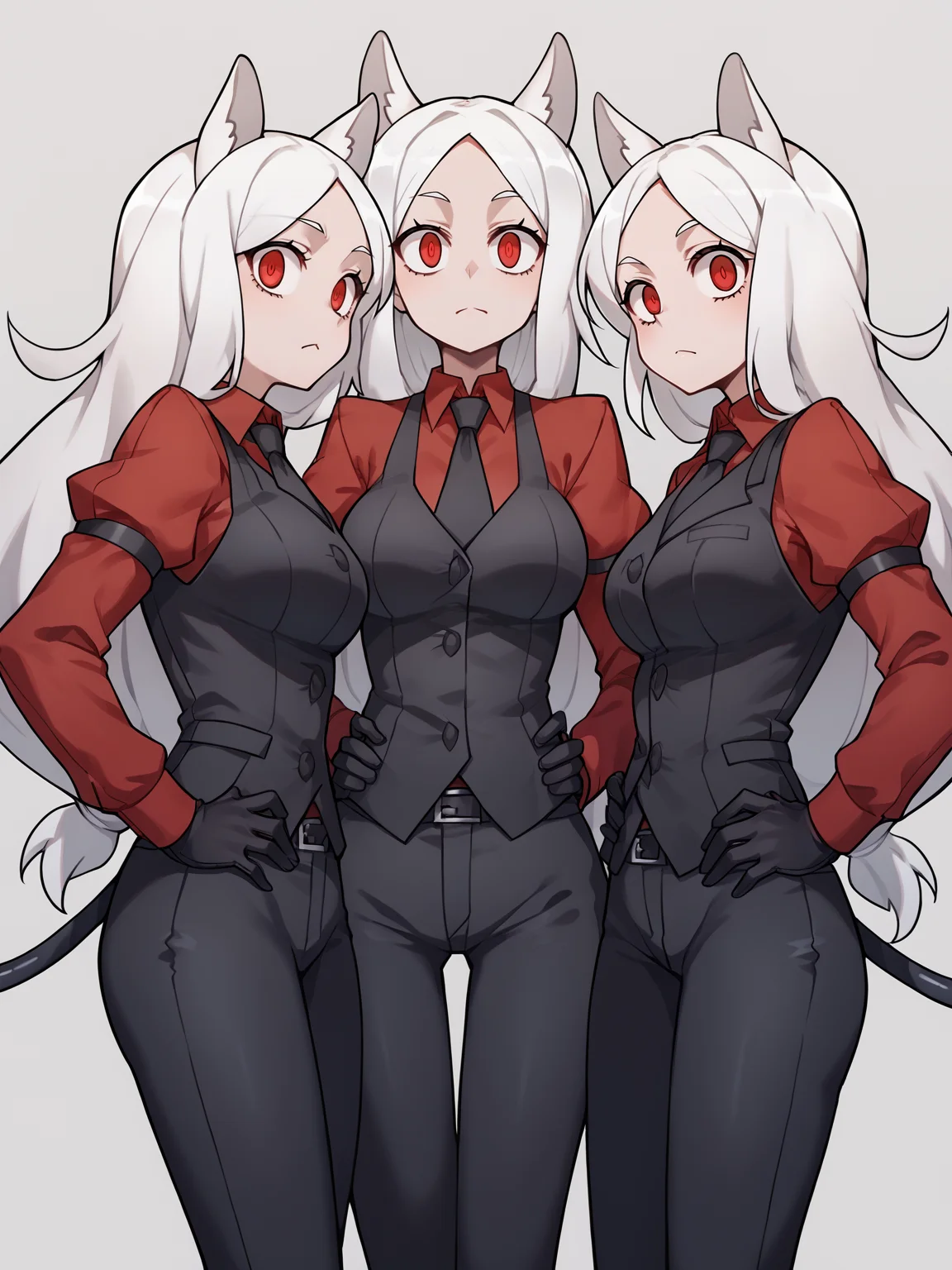 score_9, score_8_up, score_7_up, score_6_up, score_5_up, score_4_up, BREAK, source_cartoon, source_anime, 3girls, cerberus \(helltaker\), white hair, long hair, red eyes, dog ears, red shirt, arm garter, black gloves, black necktie, black pants, black vest, necktie, demon girl
hands on hips, looking at viewer, simple background
<lora:CerberusXL:1>