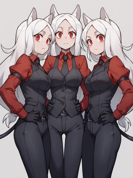 score_9, score_8_up, score_7_up, score_6_up, score_5_up, score_4_up, BREAK, source_cartoon, source_anime, 3girls, cerberus \(helltaker\), white hair, long hair, red eyes, dog ears, red shirt, arm garter, black gloves, black necktie, black pants, black vest, necktie, demon girl
hands on hips, looking at viewer, simple background
<lora:CerberusXL:1>