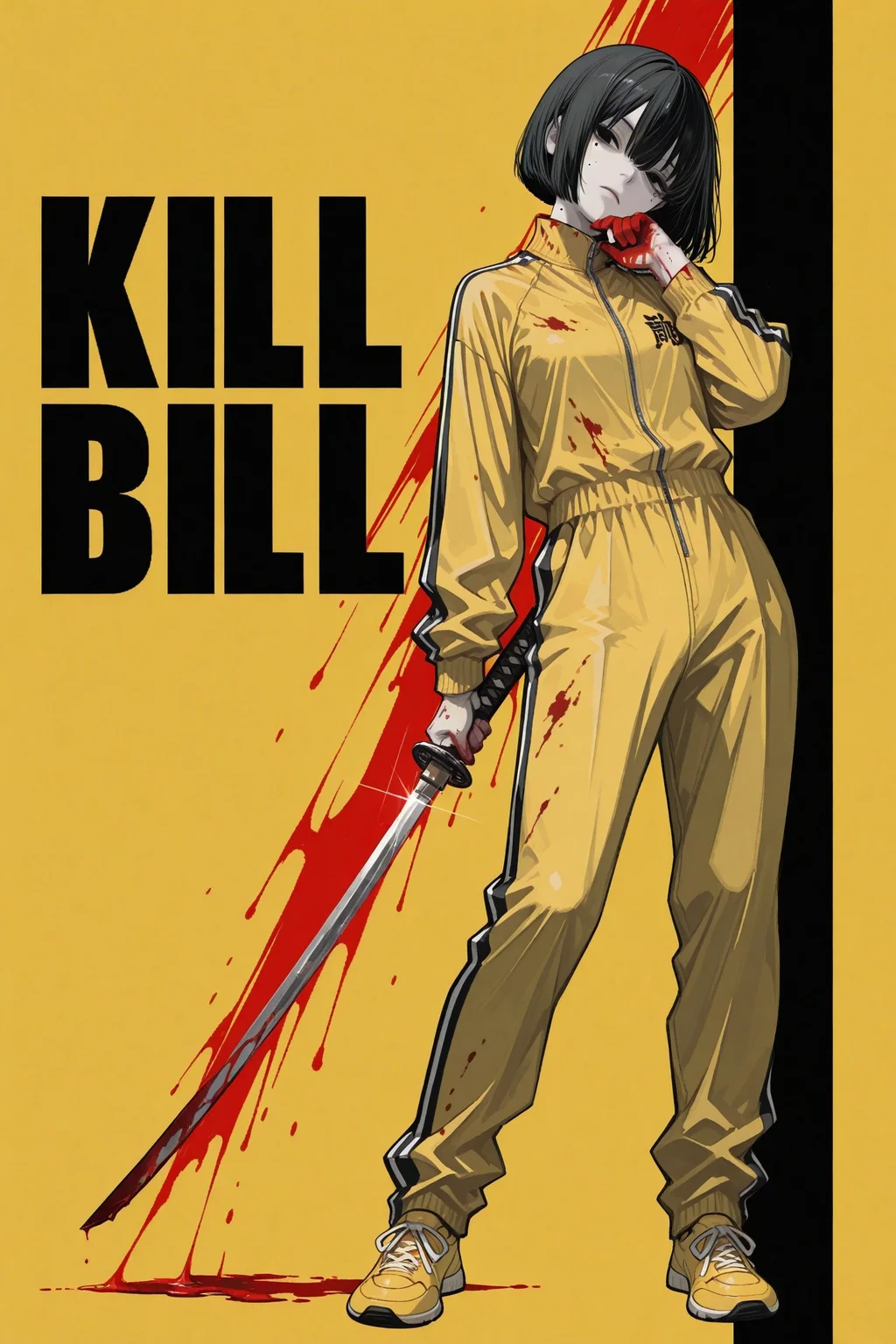 1girl, solo, black hair, bob cut, hair between eyes, solid black eyes, detailed eyes, looking to the side, mole under eye, expressionless, looking at viewer, head tilt, chin up, pale skin, standing, holding katana, blood, blood on face, blood on clothes, track suit, blood on hands, blood on weapon, blood splash, yellow jumpsuit, yellow footwear, full body, simple background, solid yellow background, glint, no lineart, no outline, blending, r17329_illu,Sinozick_illu,