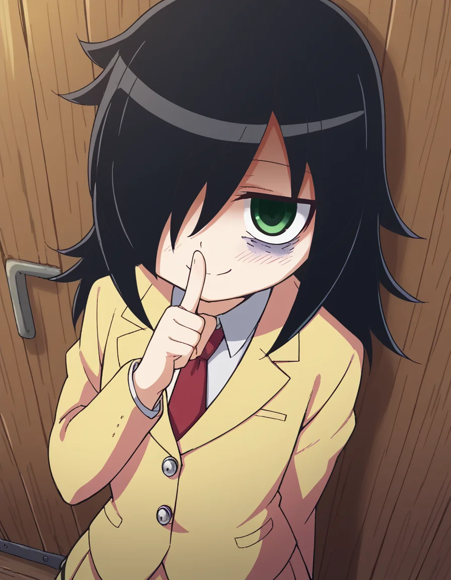 score_9, score_8_up, score_7_up, source_anime, <lora:tomoko-kuroki-s1-ponyxl-lora-nochekaiser:1>, tomoko kuroki, long hair, black hair, green eyes, hair over one eye, bags under eyes,, skirt, school uniform, necktie, blazer,, hut, small, rural, wood, shelter, , <lora:shushing-ponyxl-lora-nochekaiser:1>, shushing, finger to mouth, index finger raised, from above, library, smile, blush, one eye closed, dutch angle,, looking at viewer, solo,, dutch angle, cowboy shot