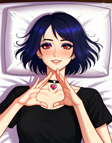score_9, score_8_up, score_7_up, rating_sensitive, uncensored, source_hentai, source_anime, rating_explicit, (embedding:zPDXLxxx:1), Perfect Hands BREAK (realistic photo portrait of a beautiful girl), kristina, dark purple hair color, short hair, bob hair cut, red eyes, piercing, 1girl, solo, blue hair, eyebrow piercing, blush, light smile, black shirt, t-shirt, heart choker, goth, eyeliner, eyeshadow, happy pose, bed, looking at the viewer