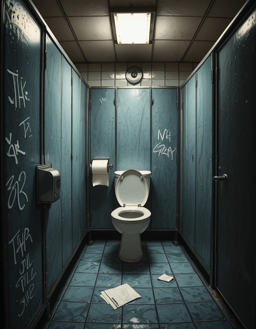 A highly realistic, detailed photograph of a public restroom stall from a human eye-level perspective. The stall is constructed with dull, light gray metal partitions showing subtle scratches and wear from years of use. The door is slightly ajar, with a simple metal latch and a small gap visible at the bottom and top of the door. Inside the stall, there is a standard white ceramic toilet with a chrome flush handle, positioned against a wall of white, slightly aged subway tiles. The floor is covered with small, dark gray hexagonal tiles, with faint reflections from the overhead fluorescent lighting. A single toilet paper dispenser made of stainless steel is mounted to the side wall, partially filled, with a torn sheet hanging loosely. The lighting is cool and sterile, casting soft shadows and emphasizing the slightly utilitarian, worn-out atmosphere of the space. Subtle details like faint graffiti scratched into the partition, a discarded paper towel near the floor, and small water stains near the base of the toilet contribute to the realistic, everyday public restroom feel. The photo is sharp, with a neutral color palette and an urban documentary style.
 <lora:SDXLFaeTastic2400:0.4> <lora:extremely_detailed:0.4> extremely detailed,<lora:public_restroom_st4ll_r2:1>,public restroom st4ll, Masterpiece,best quality,hi res,8k,hi res,8k,award winning,(sharp focus, intricate, highly detailed),