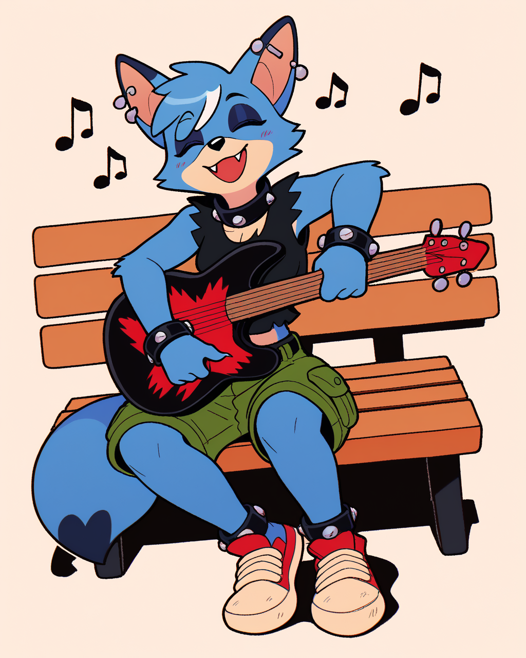 score_9_up, score_8_up, score_7_up, score_6_up, fox, furry, female, furry female, blue hair, eyeshadow,  white highlights, blue body, industrial piercing, eyes closed, medium breasts, sleeveless, spike collar, wolf ears, bracelet, spiked bracelet, black crop top, green cargo shorts, female, short hair, midriff, solo, sitting, playing music, guitar, playing guitar, smile, sneakers, spiked anklet, singing, musical note,  three-quarter view, head tilt, tail, simple background, bench, <lora:Leah_Pines(AIM)_XL_v1:0.15> <lora:PDXL_artist_tags_v2_big:0.5> <lora:The-Minuscule-Task_PDXL_v1.0:0.6>  <lora:Fox_f0xnr0ll:0.7>